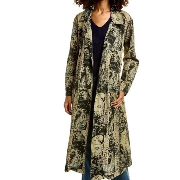 Free People Printed Maxi Duster Women's Oversize Medium Pockets Black/Tan New - Picture 13 of 13